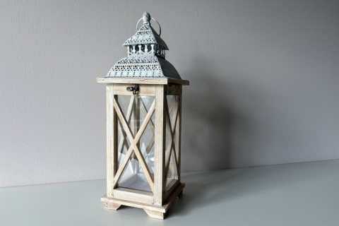 IMG_5888 Deko Laterne aus Holz, Metall und Glas (16x16x48cm)